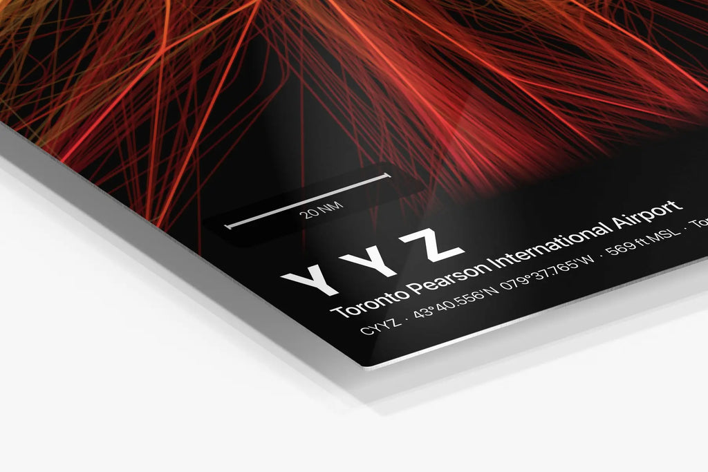 YYZ flight path print — Inferno theme · Dark in corner detail setting