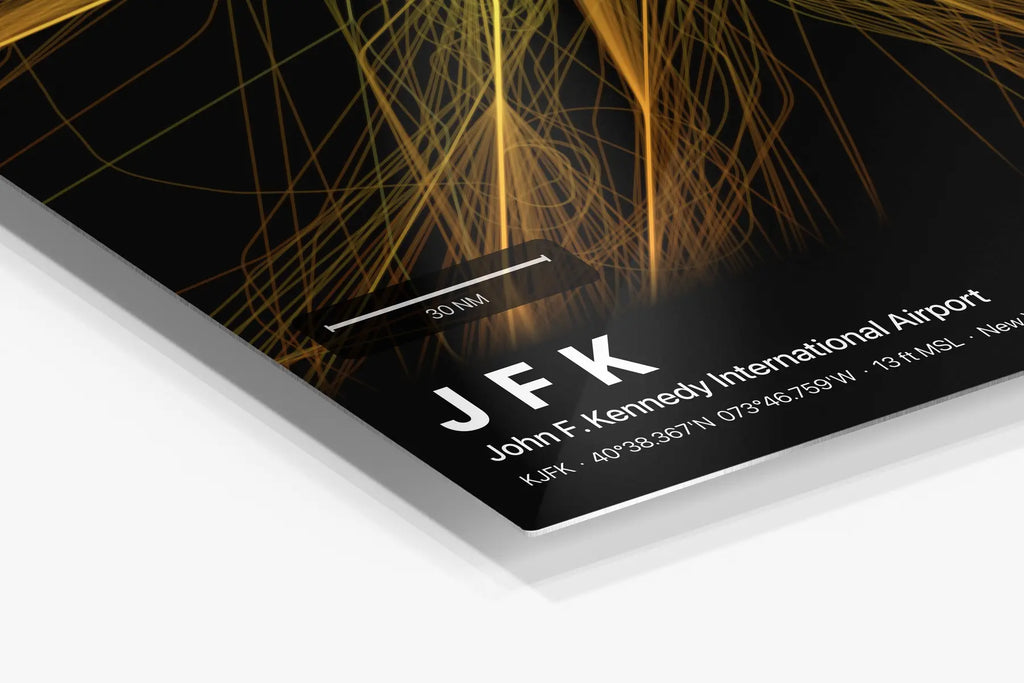 JFK flight path print — Solana theme · Dark in corner detail setting
