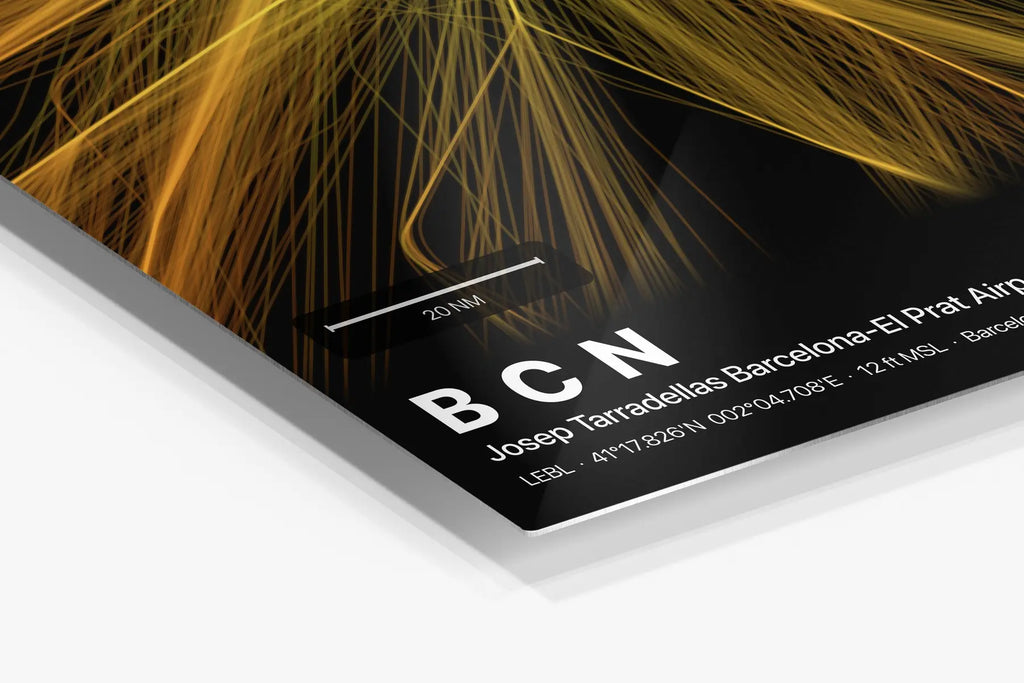 BCN flight path print — Solana theme · Dark in corner detail setting