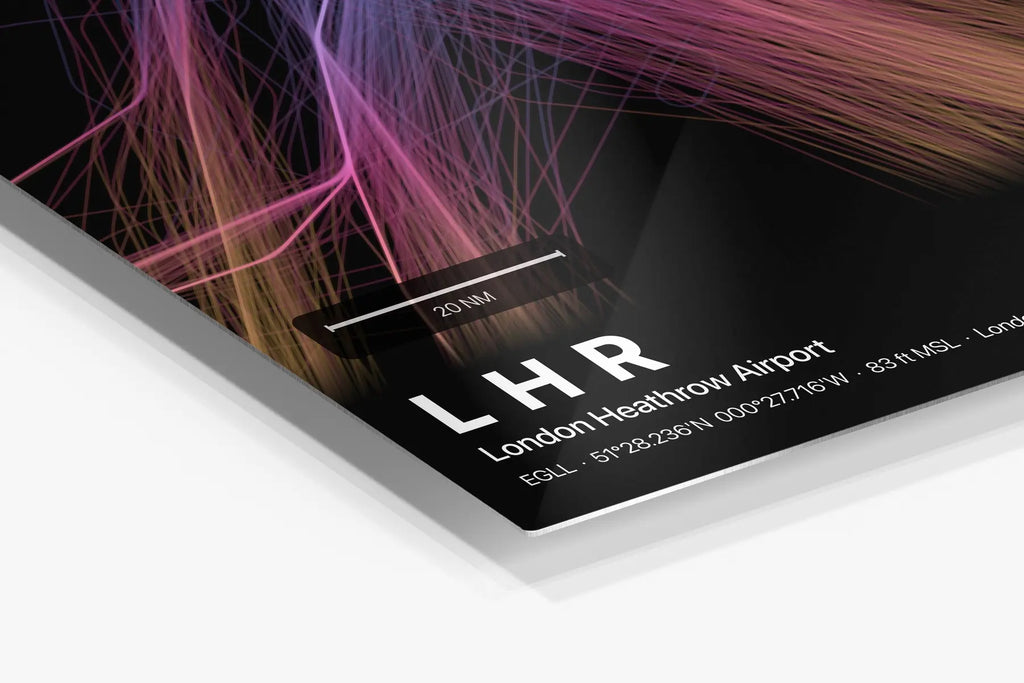 LHR flight path print — Aurora theme · Dark in corner detail setting