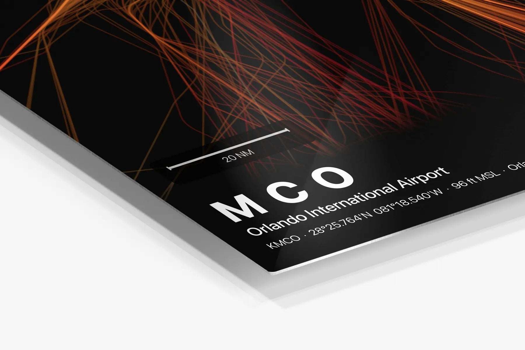 MCO flight path print — Inferno theme · Dark in corner detail setting