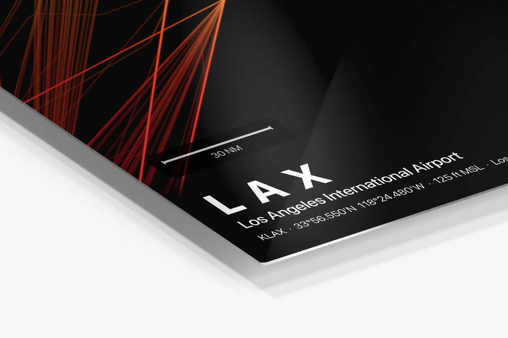 LAX flight path print — Inferno theme · Dark in corner detail setting