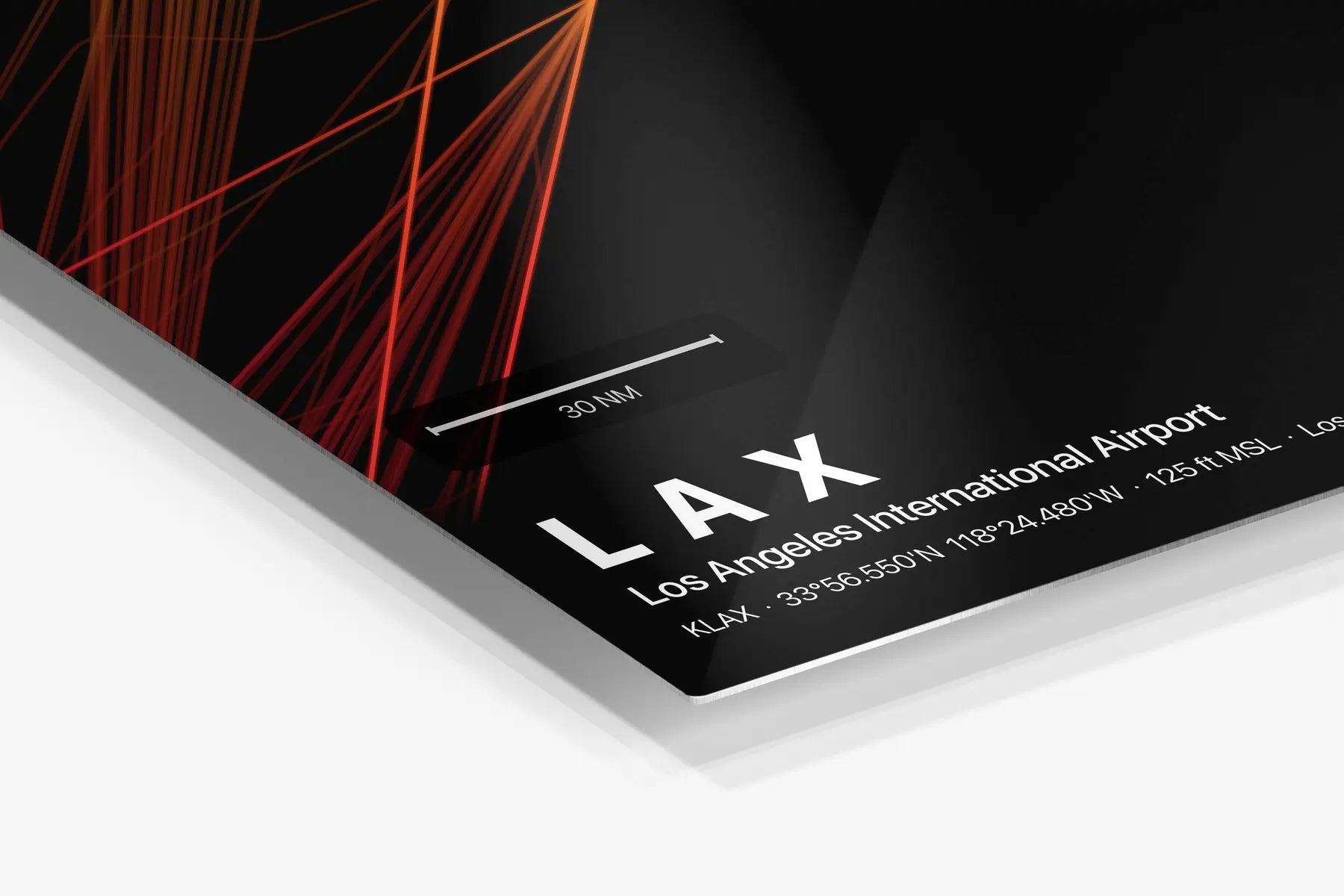 LAX flight path print — Inferno theme · Dark in corner detail setting