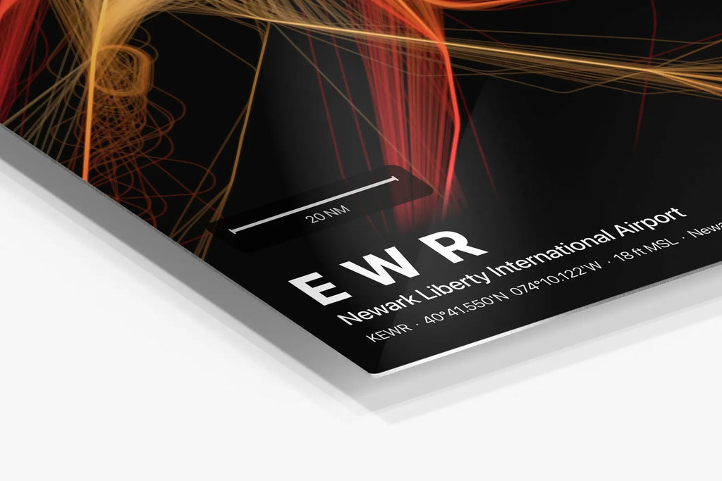 EWR flight path print — Inferno theme · Dark in corner detail setting