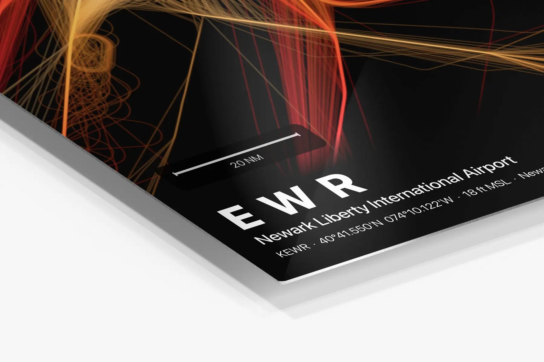EWR flight path print — Inferno theme · Dark in corner detail setting