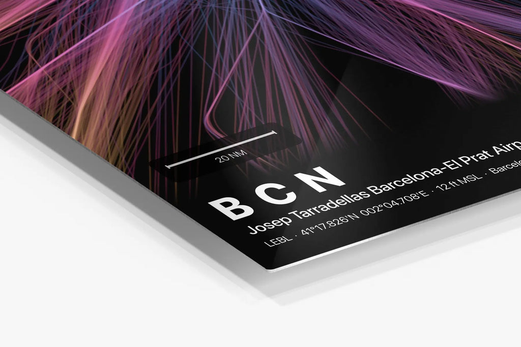 BCN flight path print — Aurora theme · Dark in corner detail setting