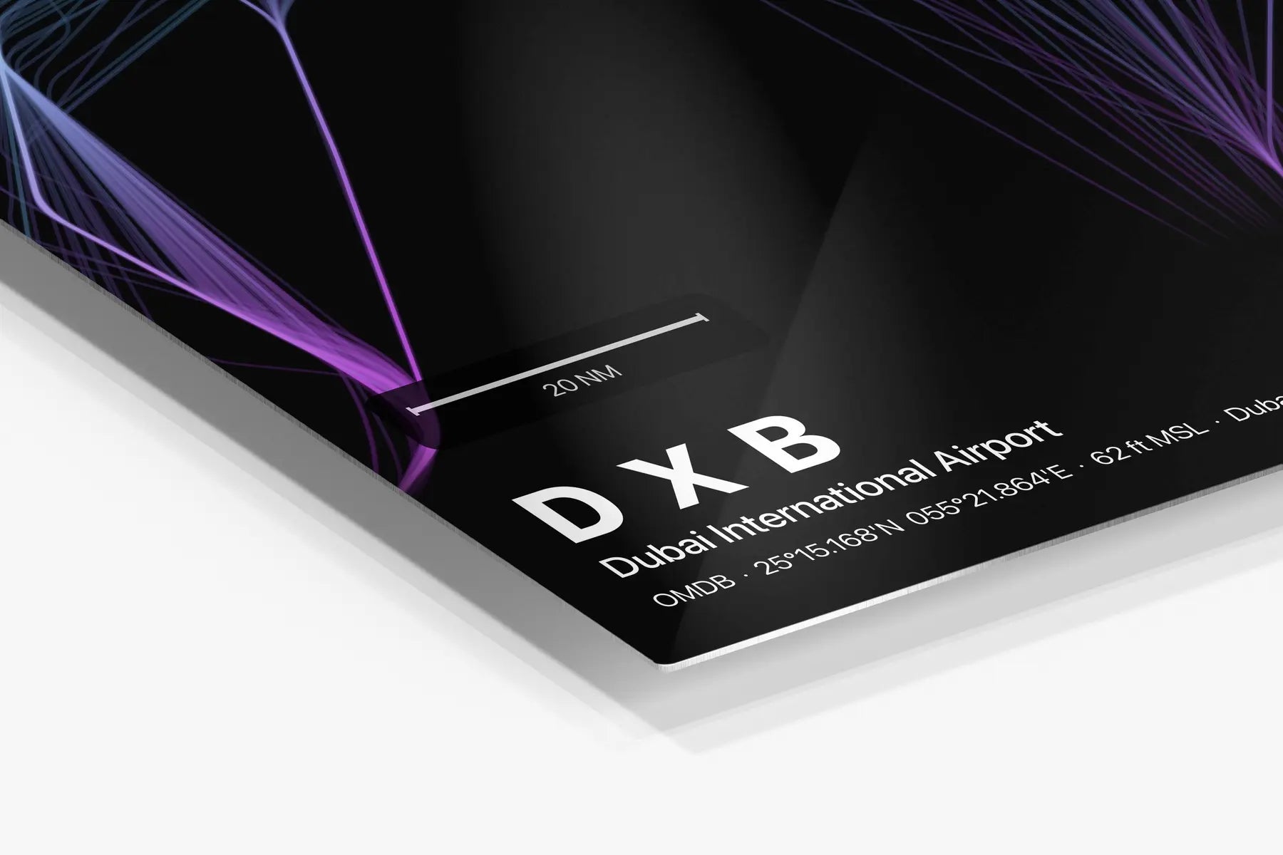 DXB flight path print — Prism theme · Dark in corner detail setting
