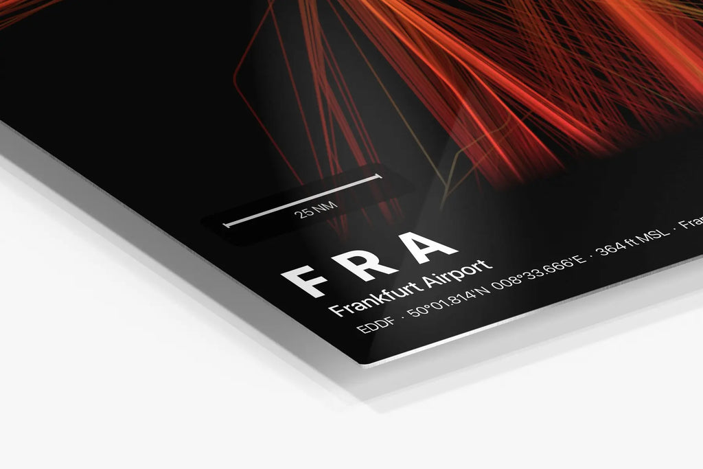 FRA flight path print — Inferno theme · Dark in corner detail setting