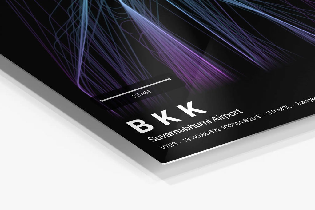 BKK flight path print — Prism theme · Dark in corner detail setting