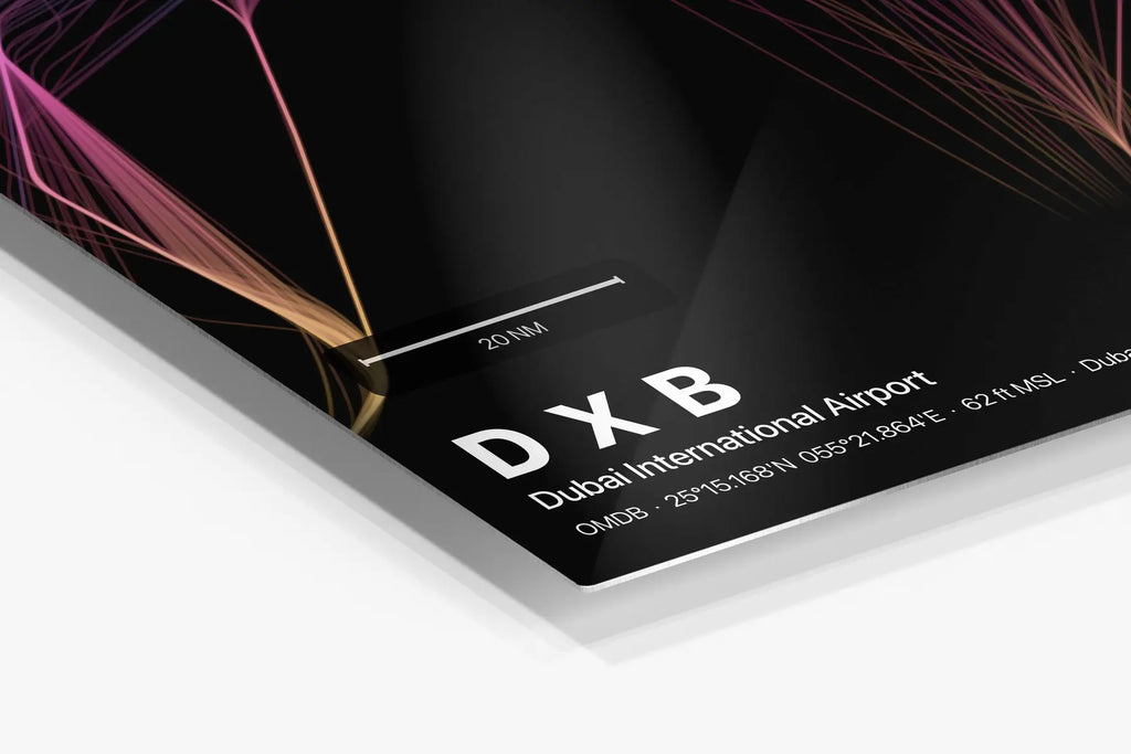 DXB flight path print — Aurora theme · Dark in corner detail setting