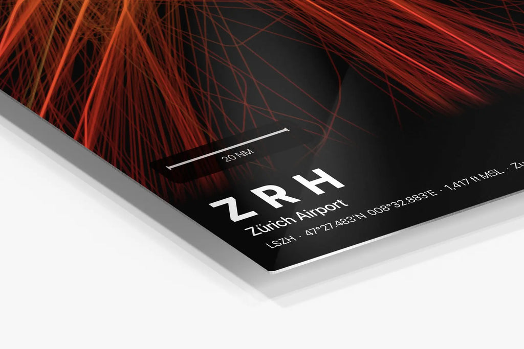 ZRH flight path print — Inferno theme · Dark in corner detail setting
