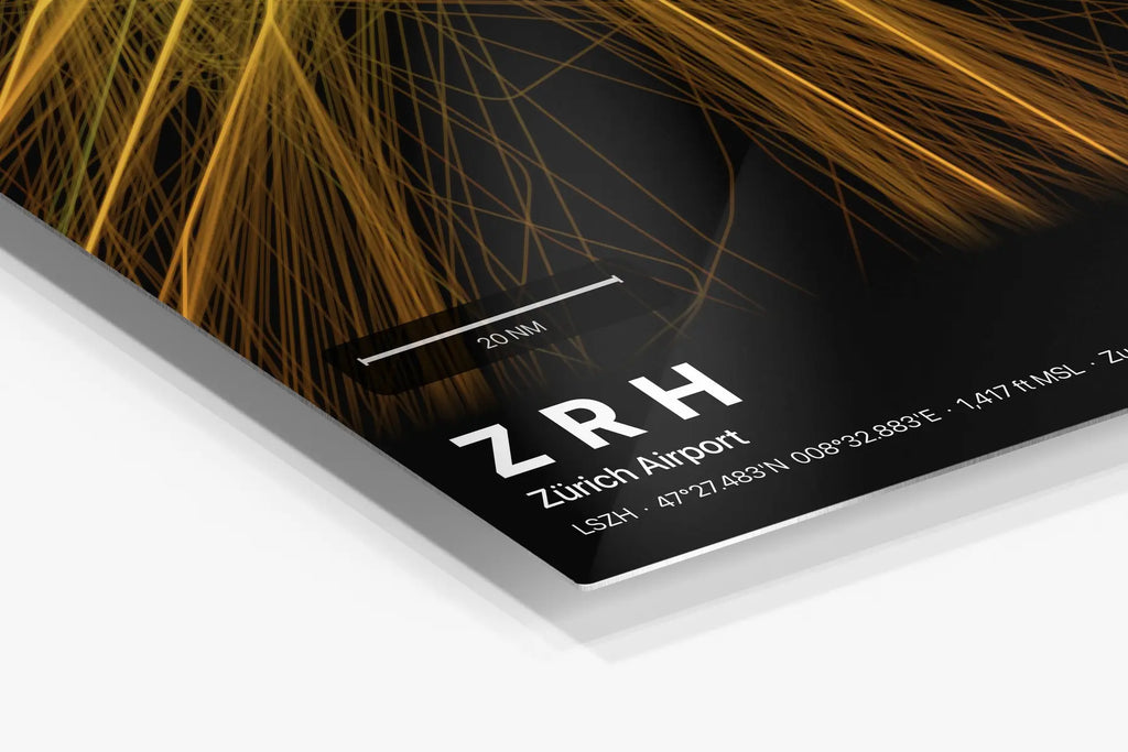 ZRH flight path print — Solana theme · Dark in corner detail setting
