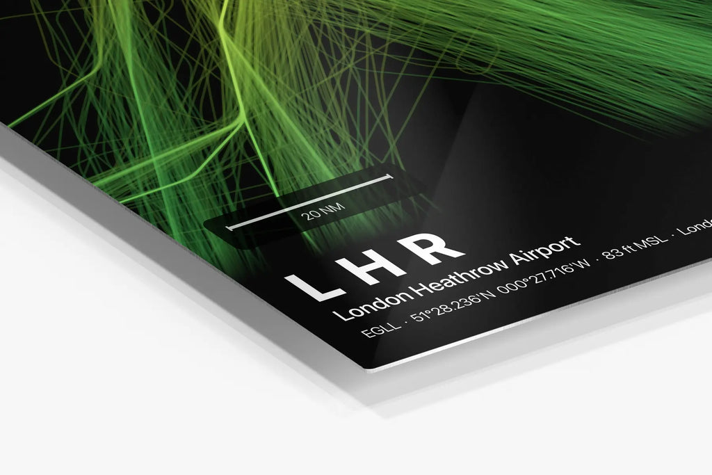 LHR flight path print — Citrus theme · Dark in corner detail setting