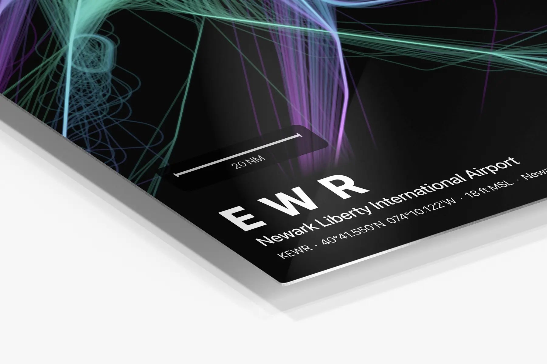 EWR flight path print — Prism theme · Dark in corner detail setting