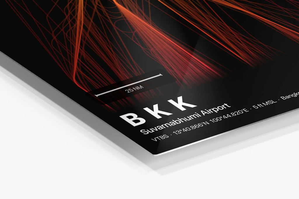 BKK flight path print — Inferno theme · Dark in corner detail setting