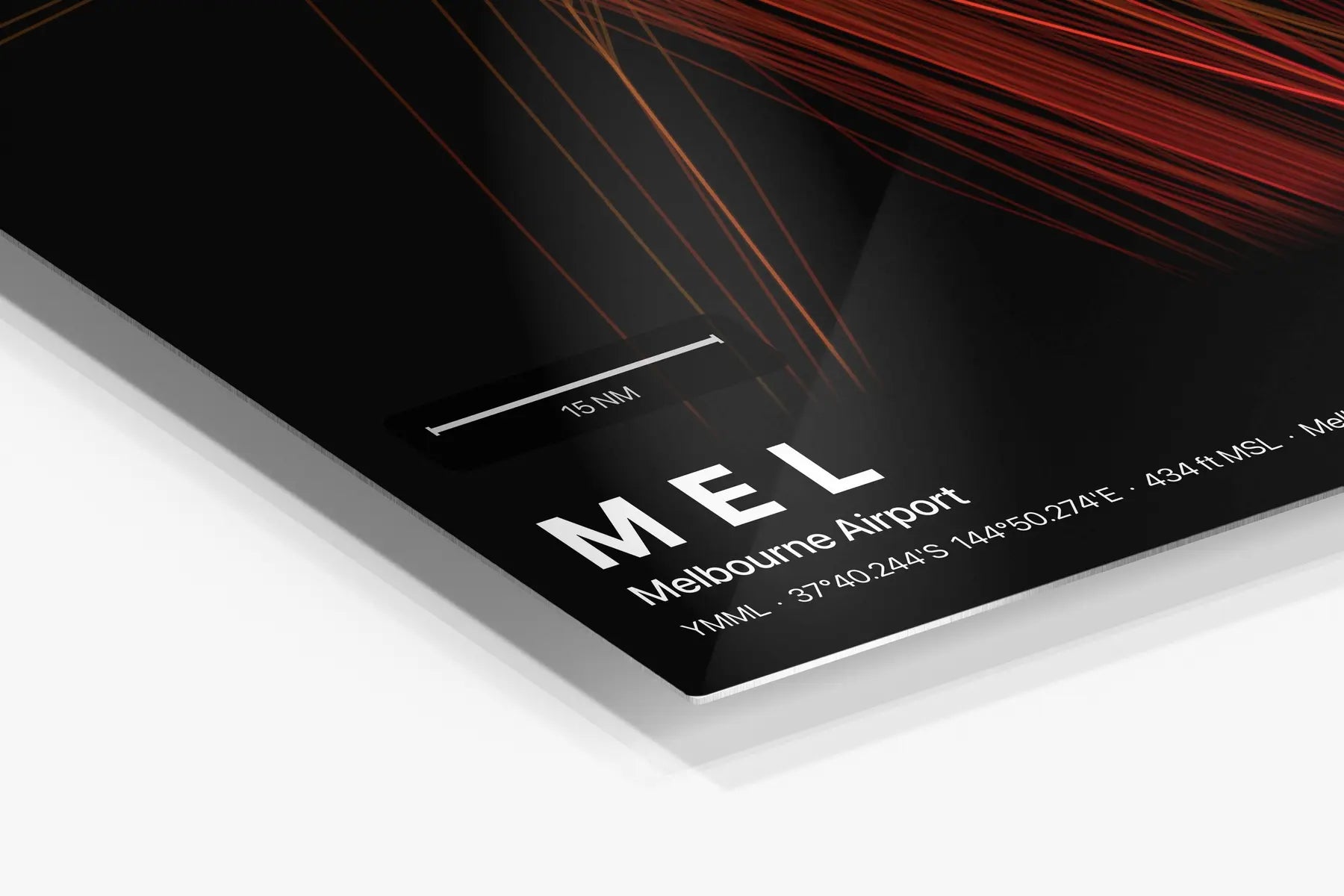 MEL flight path print — Inferno theme · Dark in corner detail setting