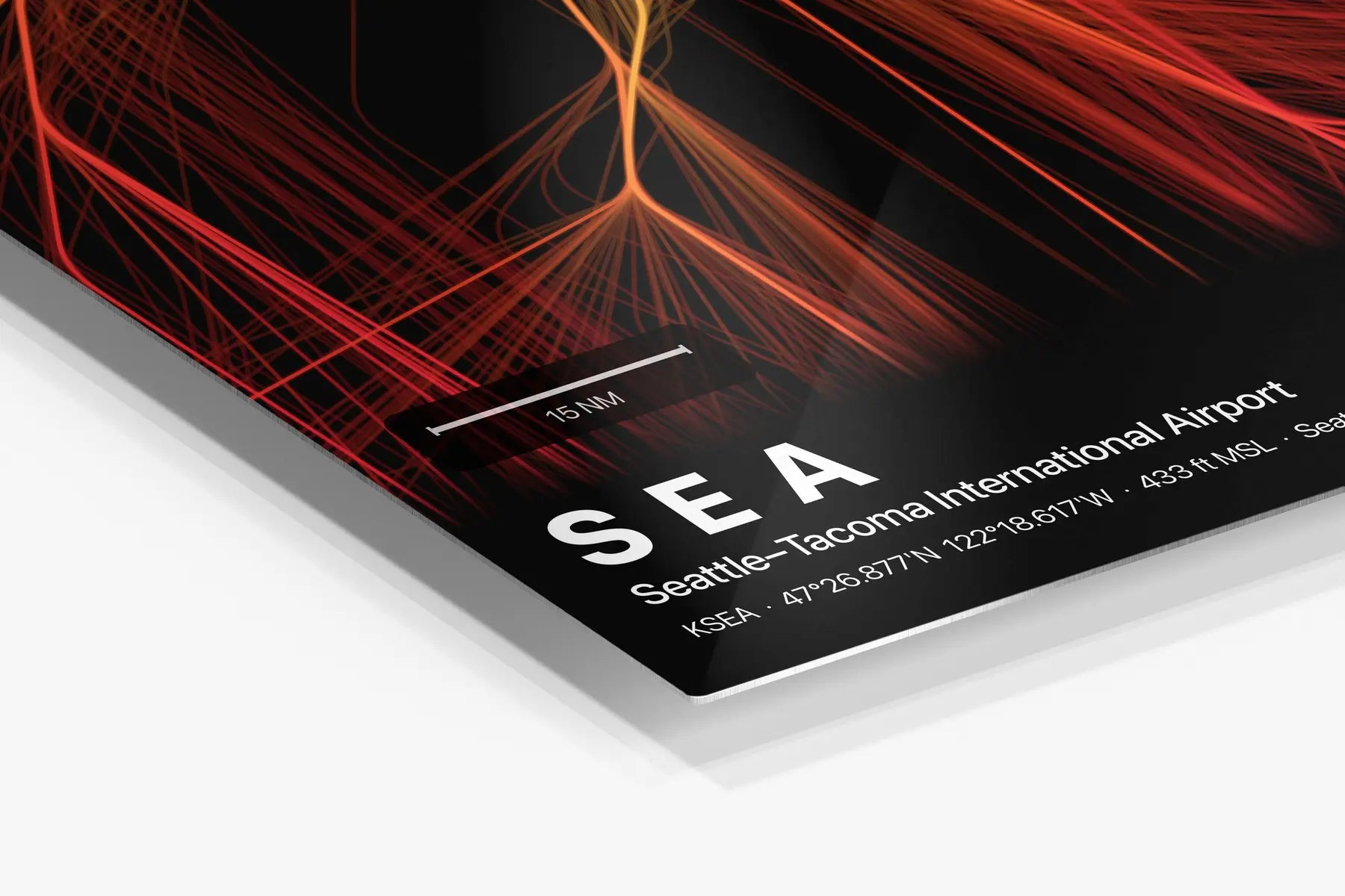 SEA flight path print — Inferno theme · Dark in corner detail setting