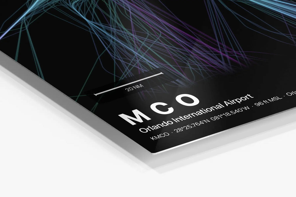 MCO flight path print — Prism theme · Dark in corner detail setting