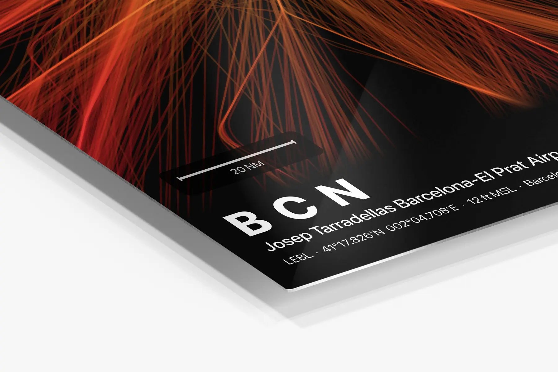 BCN flight path print — Inferno theme · Dark in corner detail setting