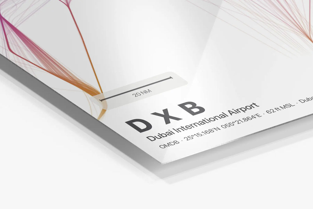 DXB flight path print — Aurora theme · Light in corner detail setting