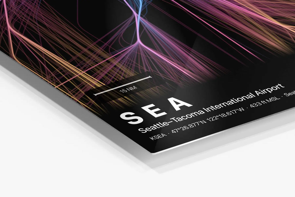 SEA flight path print — Aurora theme · Dark in corner detail setting