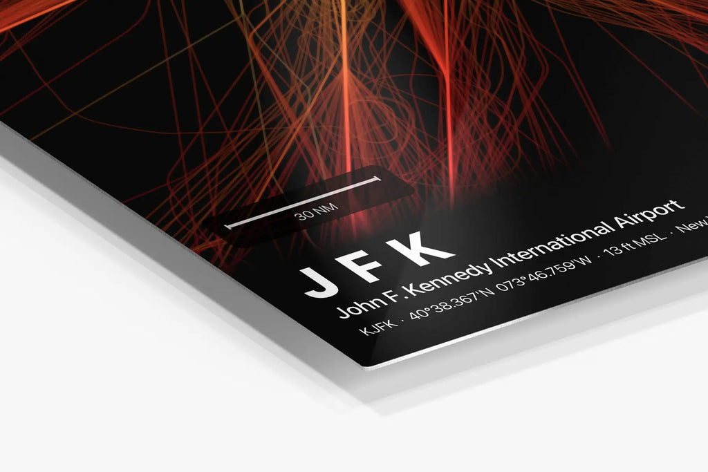 JFK flight path print — Inferno theme · Dark in corner detail setting