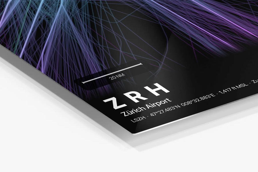 ZRH flight path print — Prism theme · Dark in corner detail setting