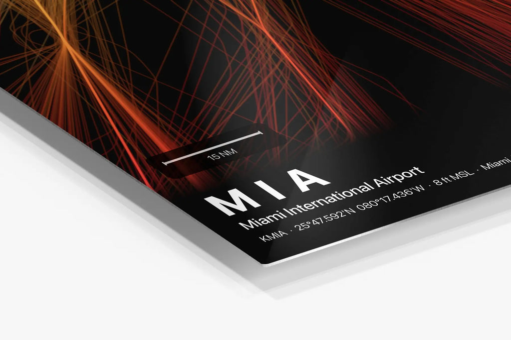 MIA flight path print — Inferno theme · Dark in corner detail setting