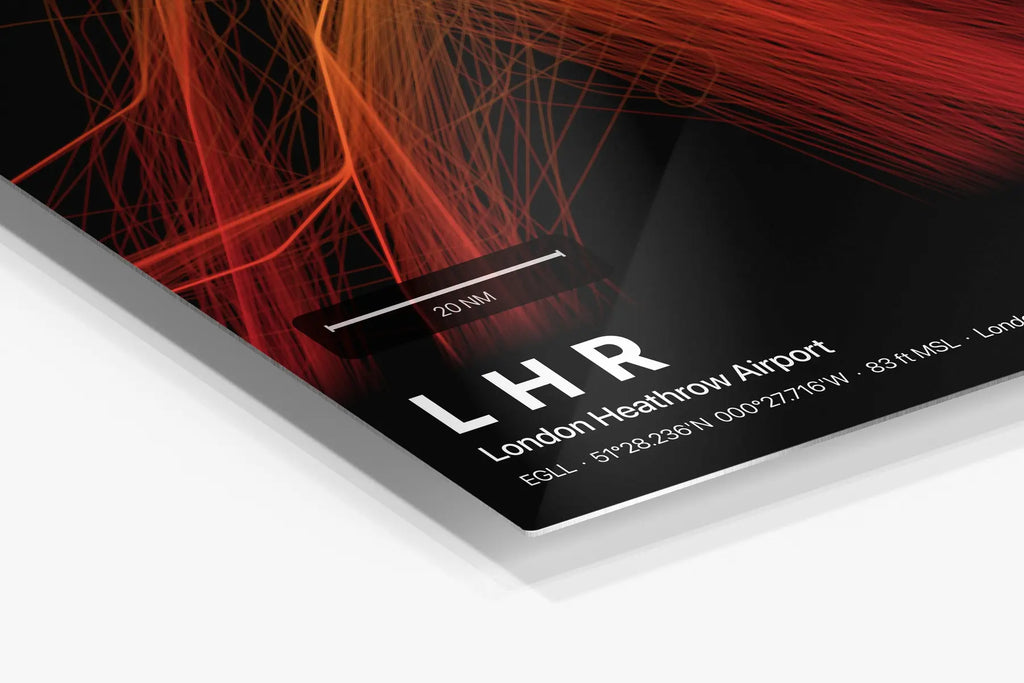 LHR flight path print — Inferno theme · Dark in corner detail setting