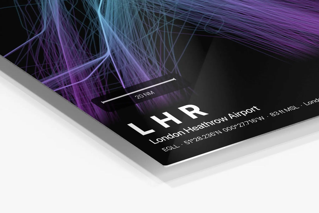 LHR flight path print — Prism theme · Dark in corner detail setting