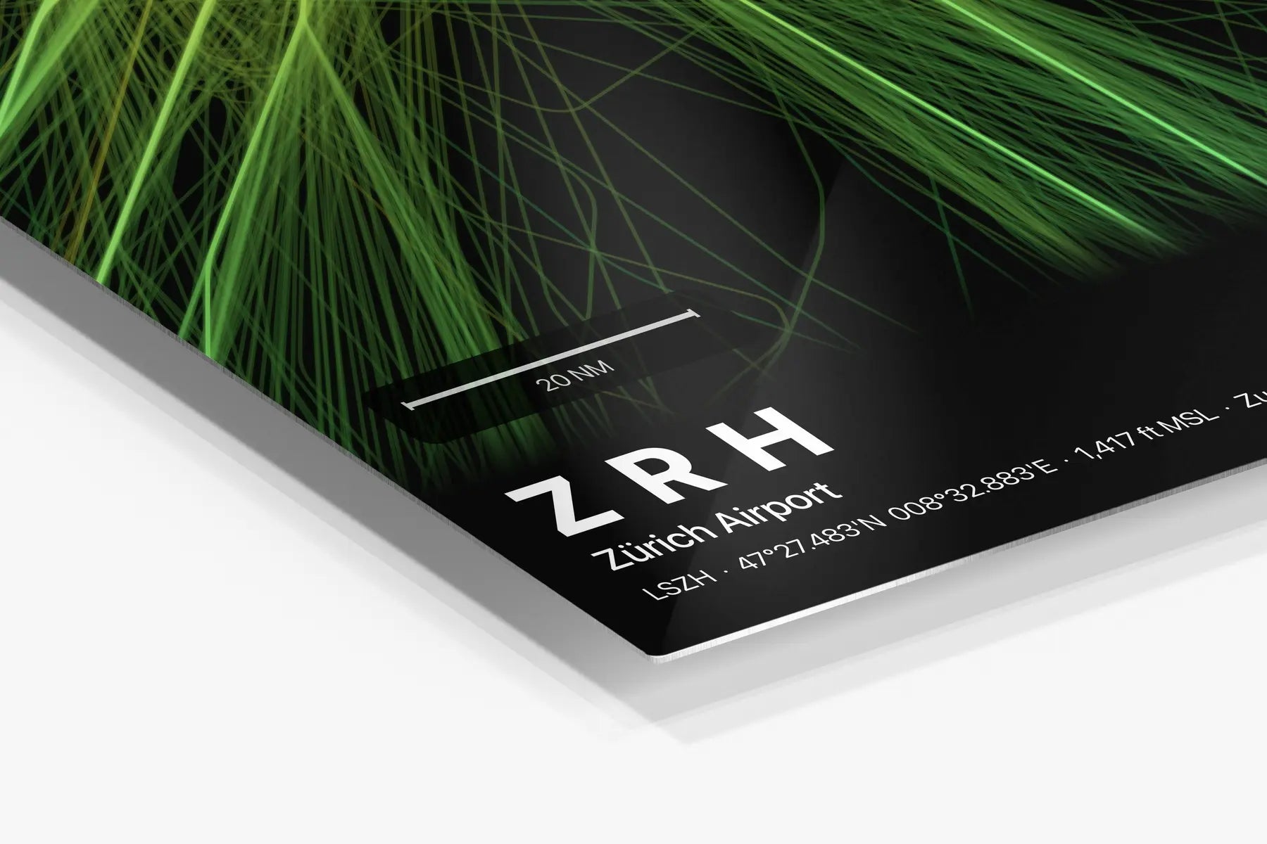 ZRH flight path print — Citrus theme · Dark in corner detail setting