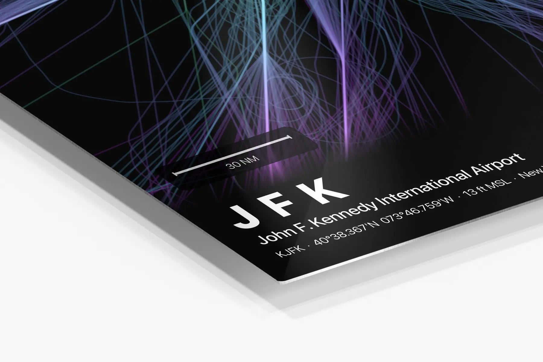 JFK flight path print — Prism theme · Dark in corner detail setting
