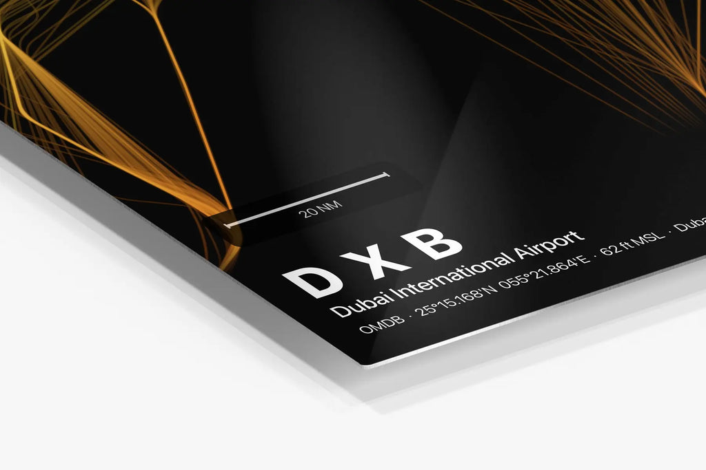 DXB flight path print — Solana theme · Dark in corner detail setting