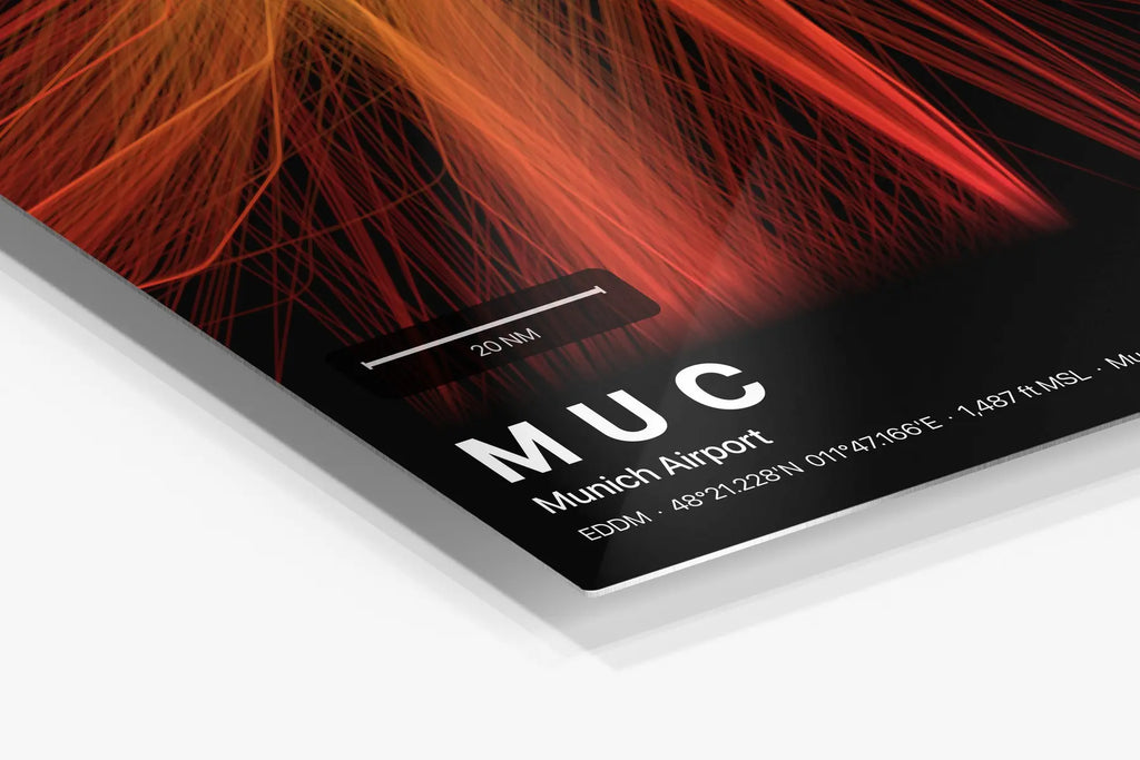 MUC flight path print — Inferno theme · Dark in corner detail setting
