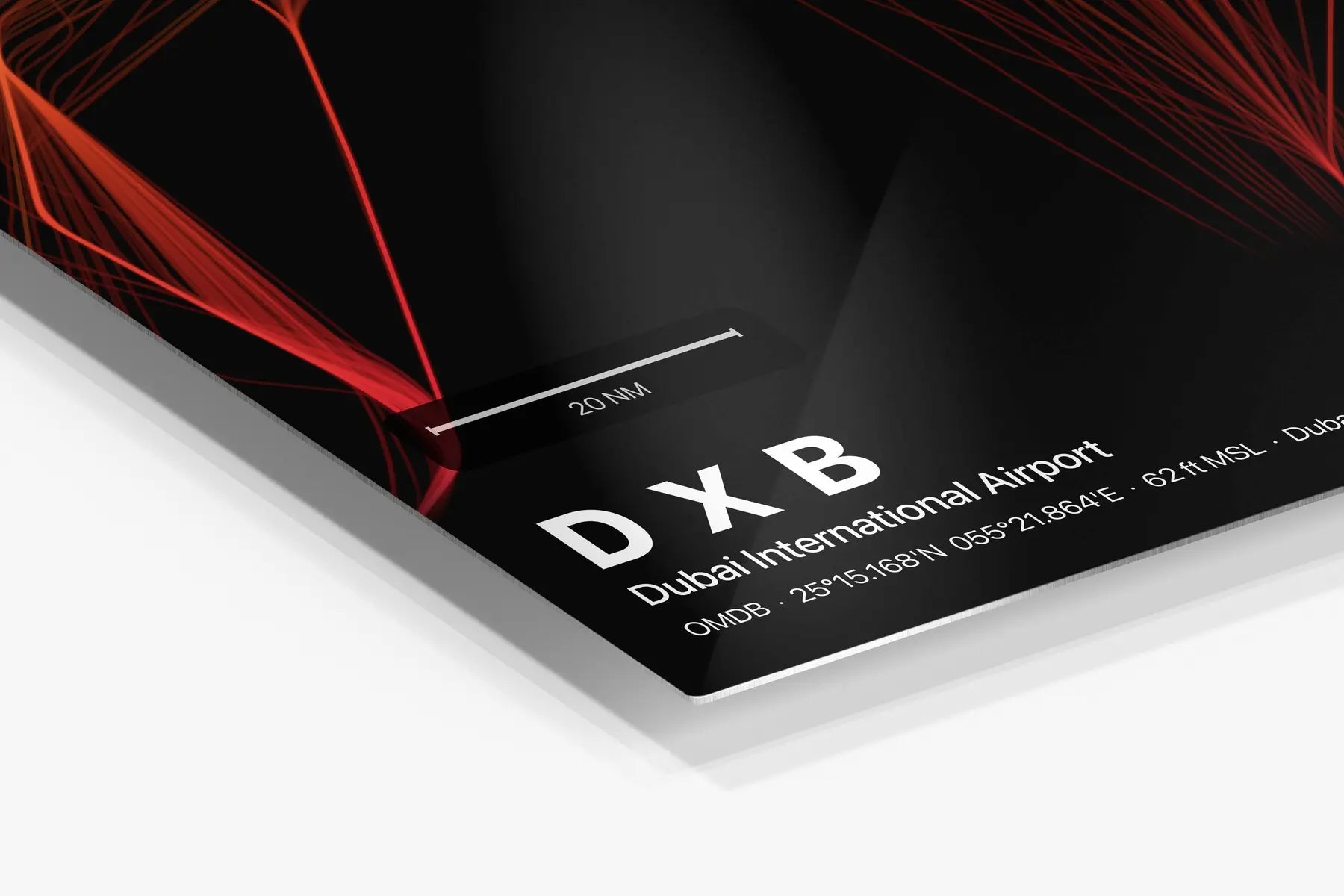 DXB flight path print — Inferno theme · Dark in corner detail setting