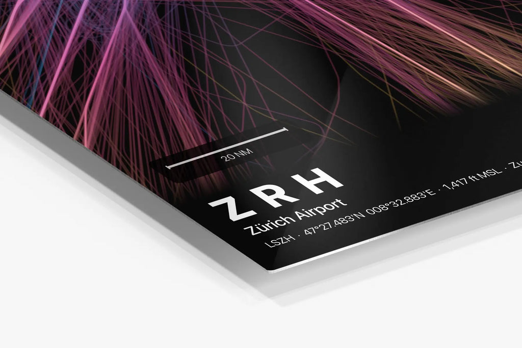 ZRH flight path print — Aurora theme · Dark in corner detail setting