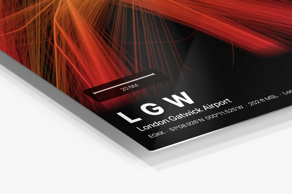LGW flight path print — Inferno theme · Dark in corner detail setting