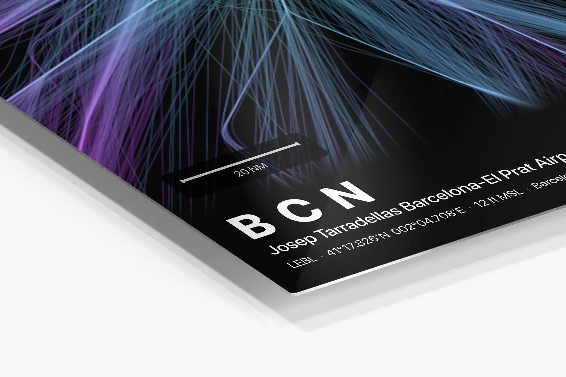 BCN flight path print — Prism theme · Dark in corner detail setting