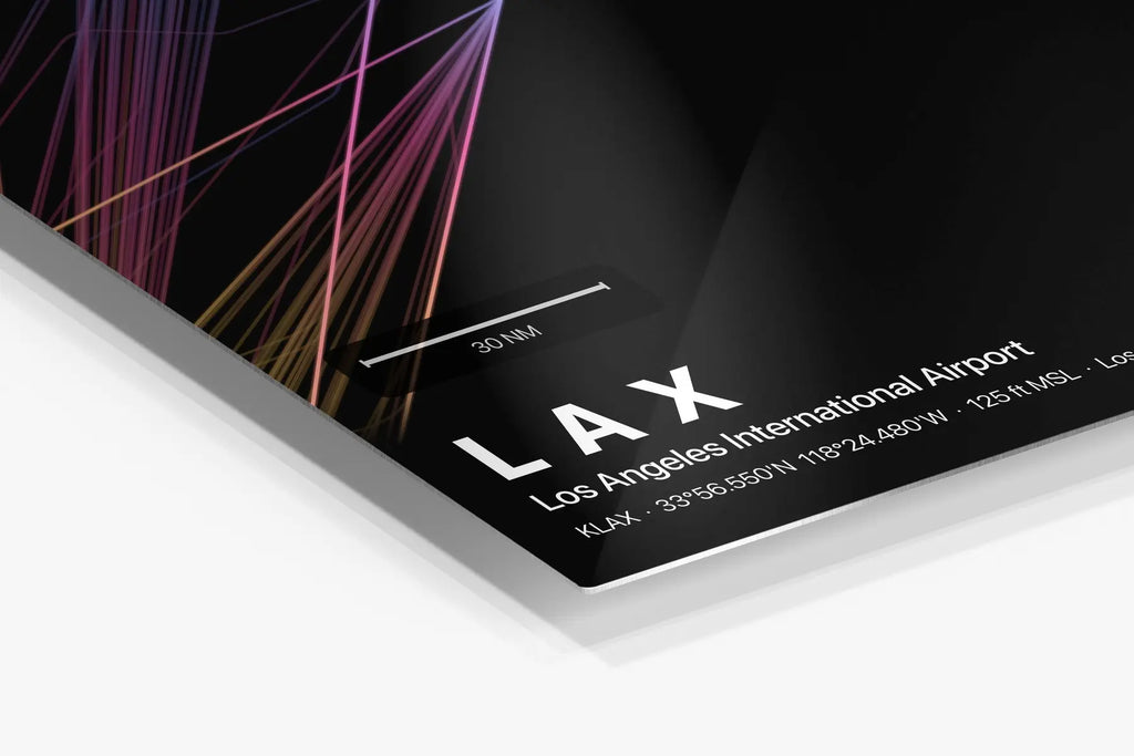 LAX flight path print — Aurora theme · Dark in corner detail setting