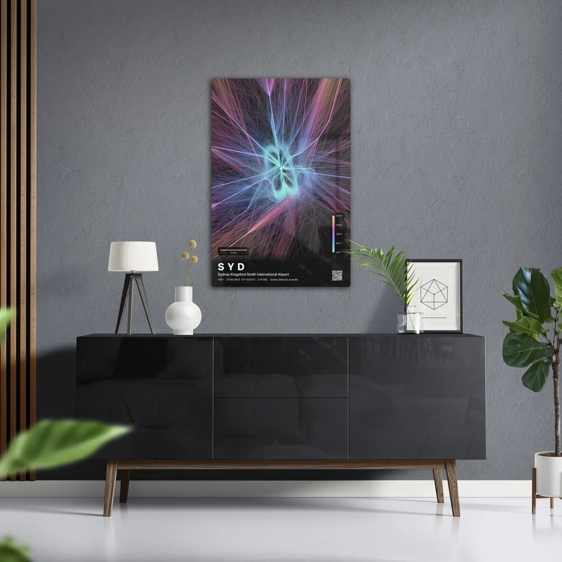 SYD flight path print — Aurora theme · Dark in foyer setting [hotspot:50]