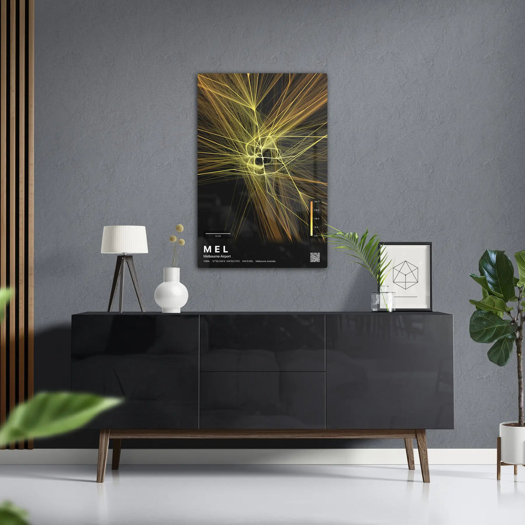MEL flight path print — Solana theme · Dark in foyer setting [hotspot:50]