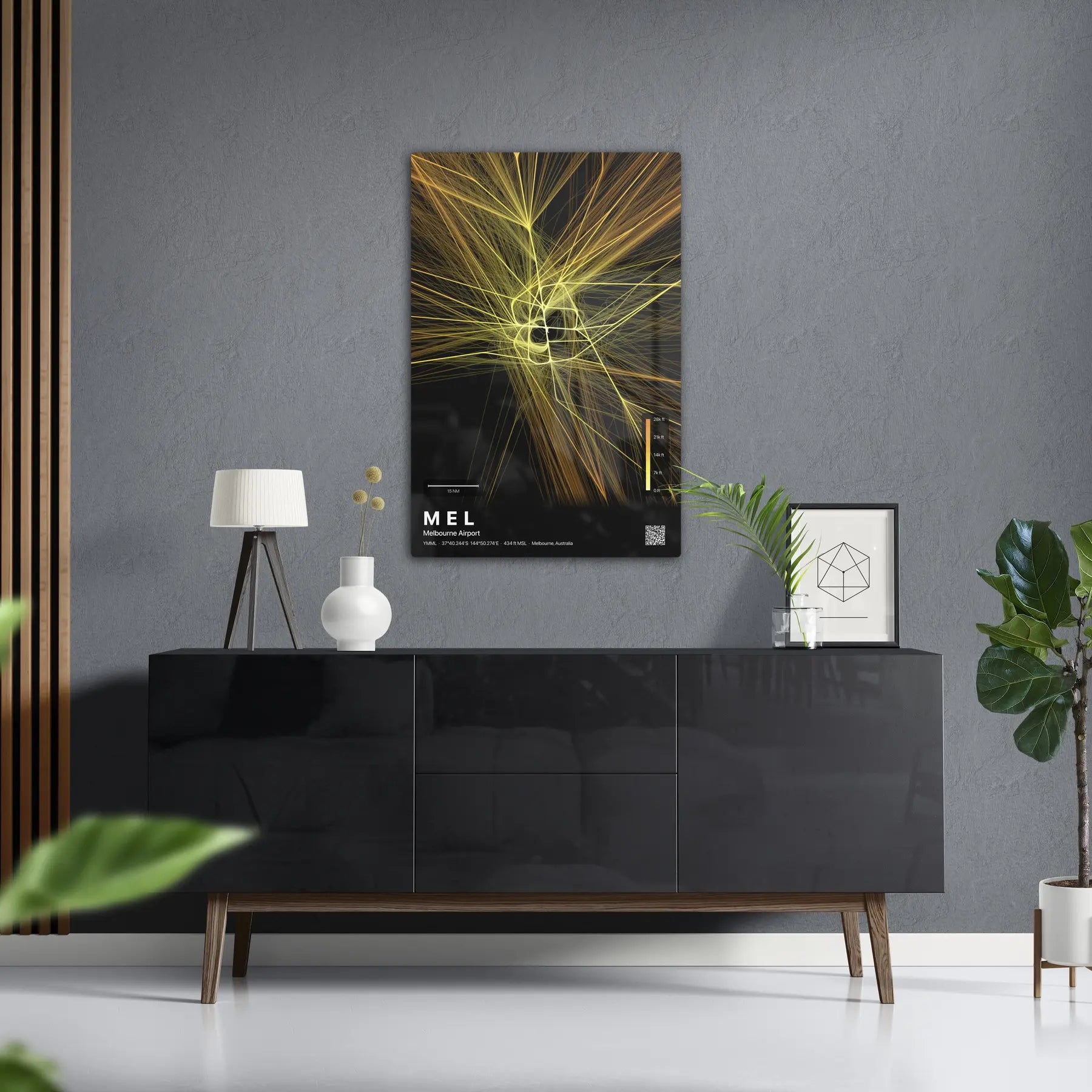 MEL flight path print — Solana theme · Dark in foyer setting [hotspot:50]