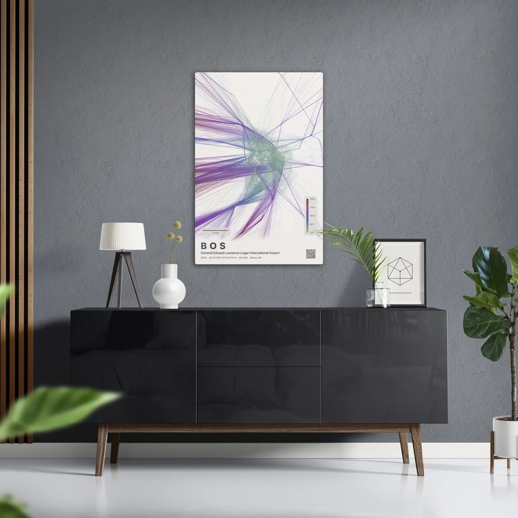 BOS flight path print — Prism theme · Light in foyer setting [hotspot:50]