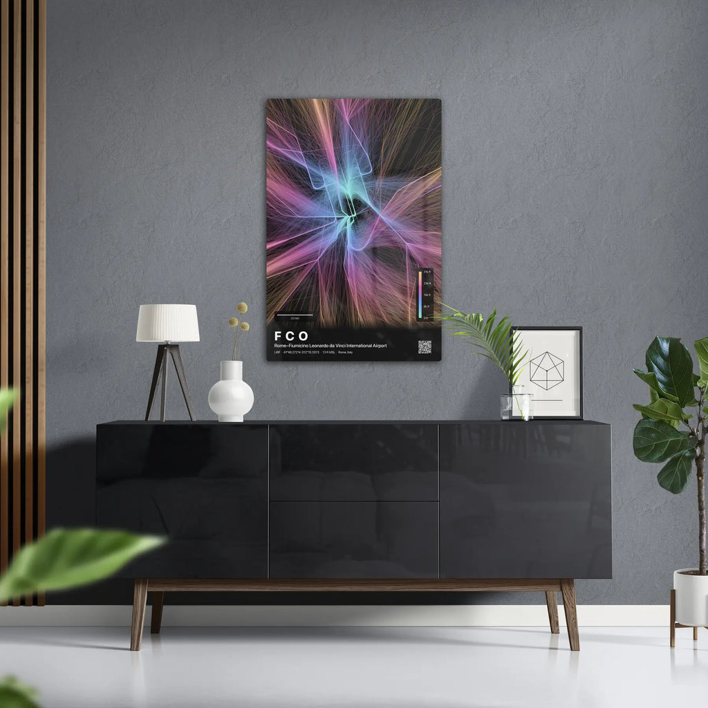 FCO flight path print — Aurora theme · Dark in foyer setting [hotspot:50]