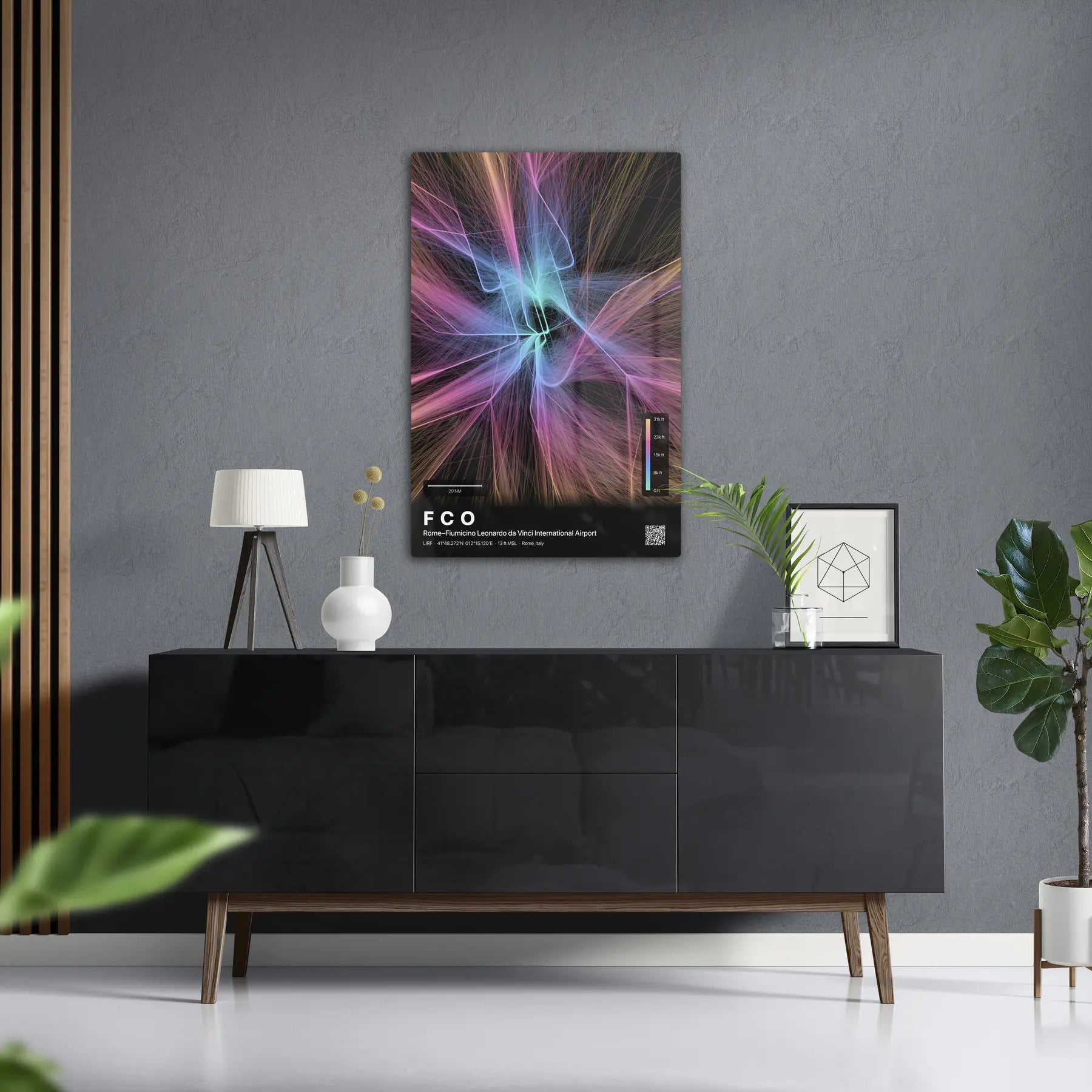 FCO flight path print — Aurora theme · Dark in foyer setting [hotspot:50]