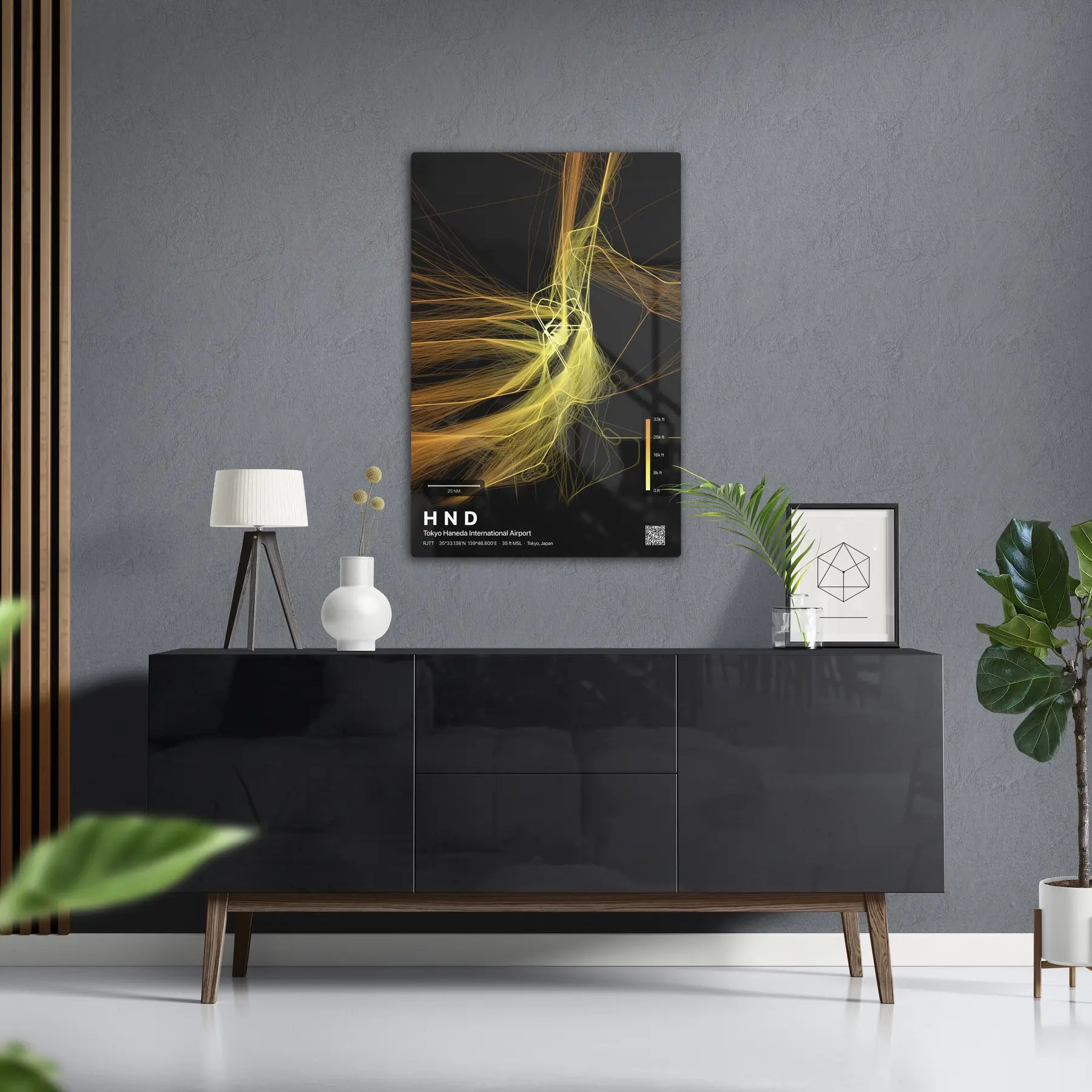 HND flight path print — Solana theme · Dark in foyer setting [hotspot:50]