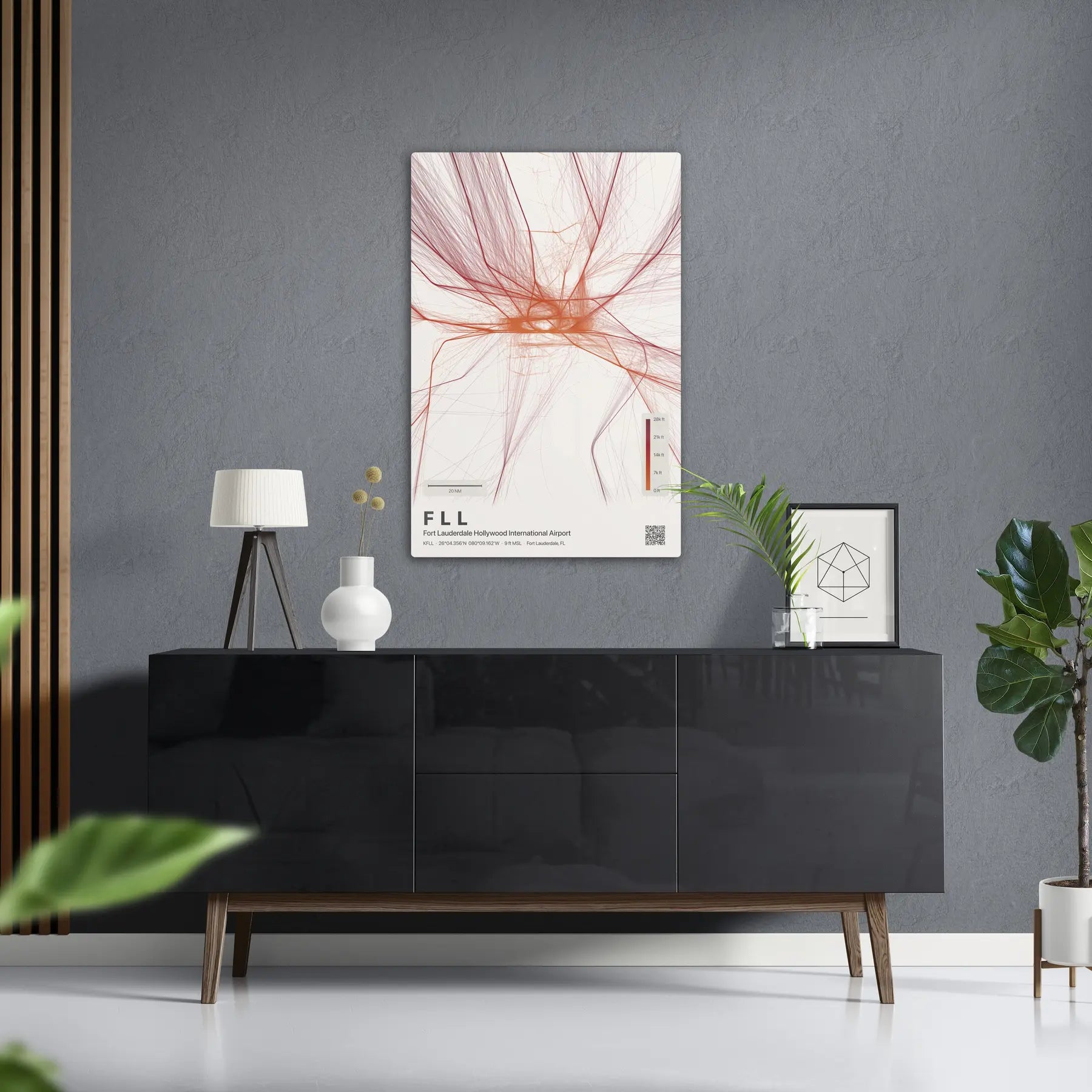 FLL flight path print — Inferno theme · Light in foyer setting [hotspot:50]