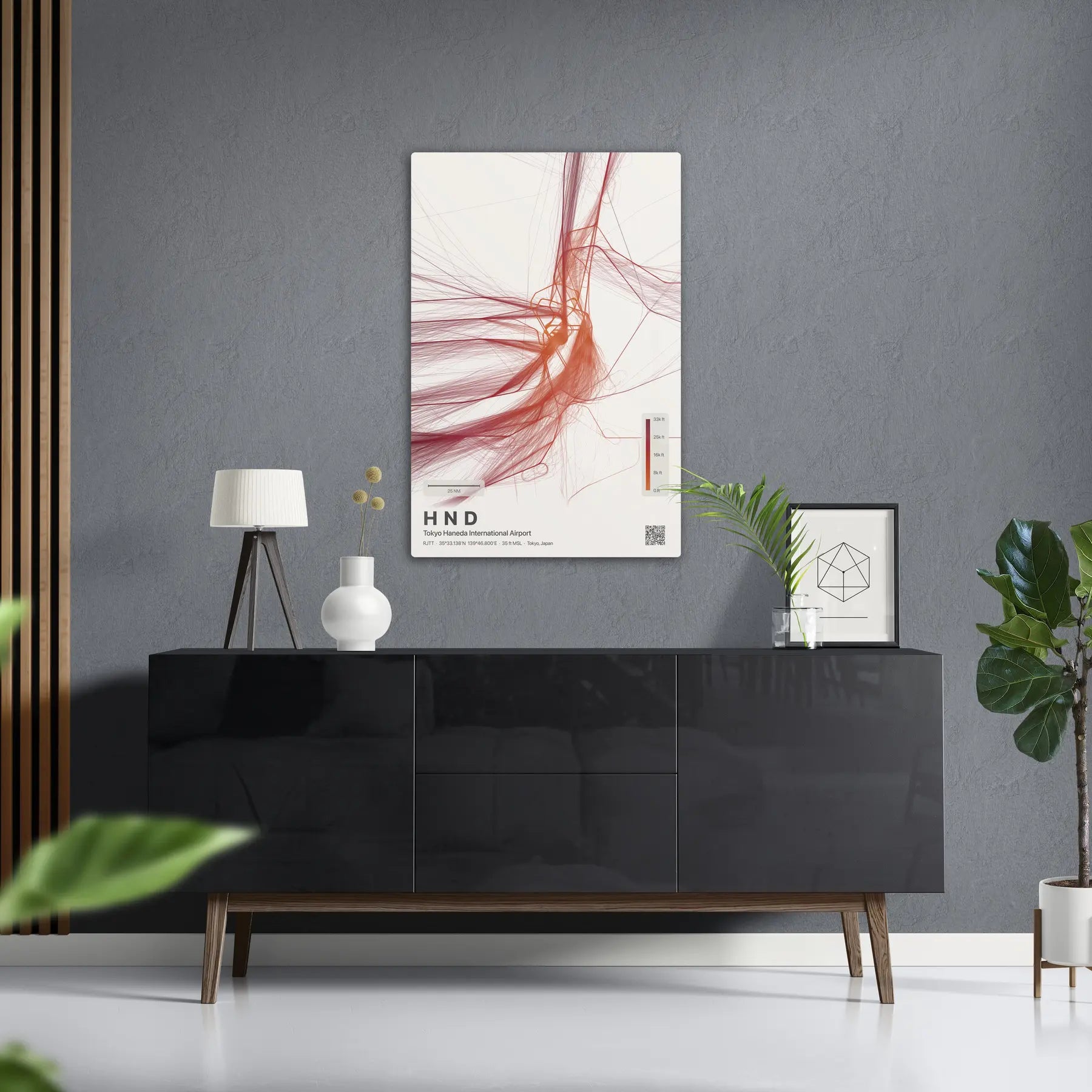HND flight path print — Inferno theme · Light in foyer setting [hotspot:50]