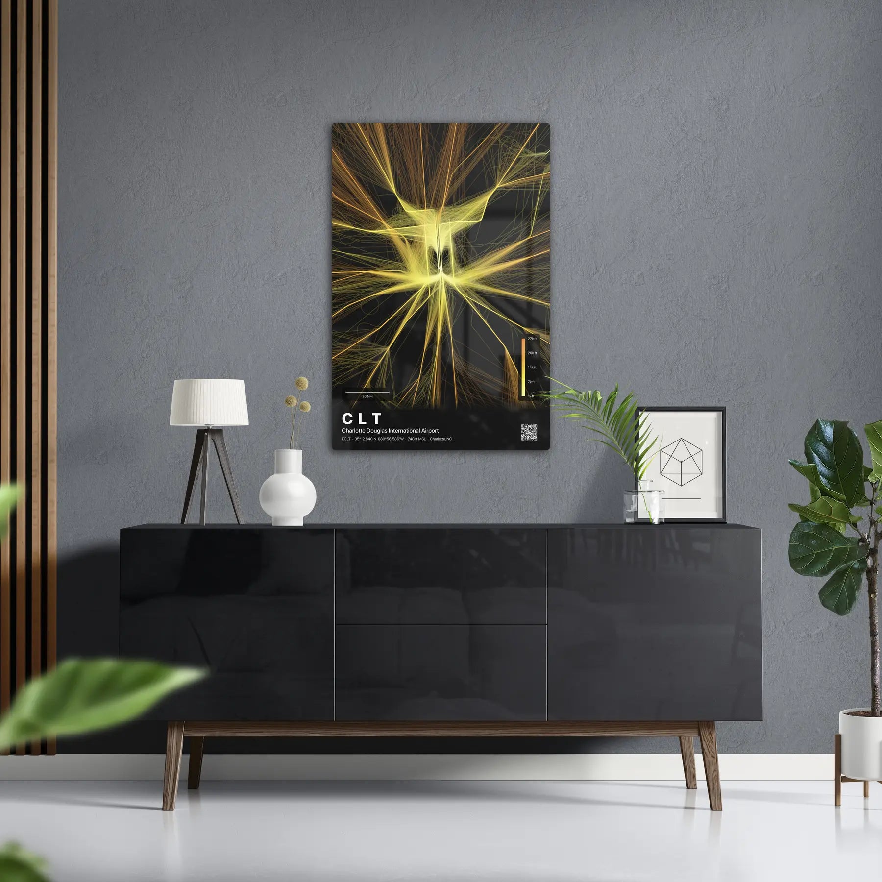 CLT flight path print — Solana theme · Dark in foyer setting [hotspot:50]