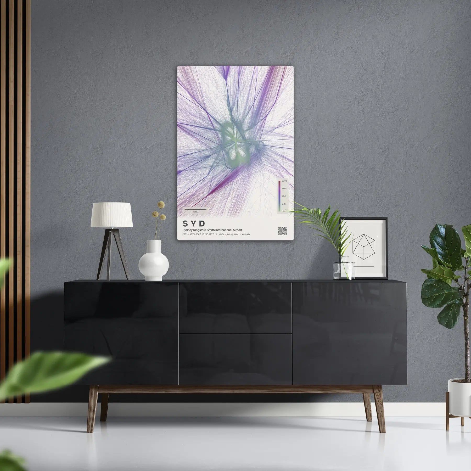 SYD flight path print — Prism theme · Light in foyer setting [hotspot:50]